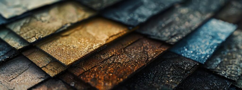 a close-up photo of a stack of asphalt shingles in different shades, showcasing the variety and cost implications of this popular roofing material.