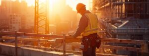 a construction worker meticulously calculating labor costs on a rooftop under the blazing sun.