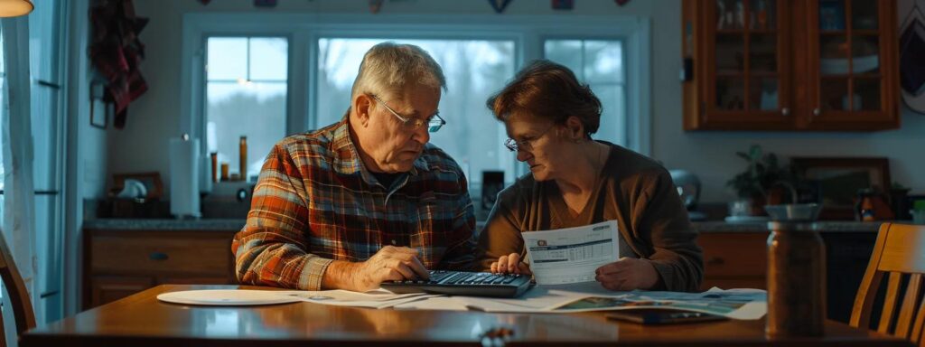 a couple sitting at a kitchen table, reviewing a detailed budget plan for their upcoming roof replacement financing, with calculators and papers spread out in front of them.