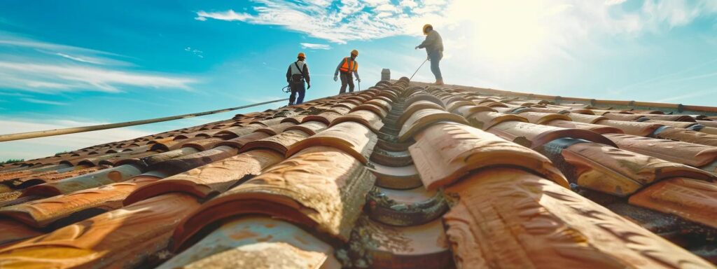 a crew of workers carefully removing roof tiles, with a backdrop of a clear blue sky and a gentle breeze in the air.