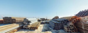 a diverse array of roofing materials stacked against a backdrop of a clear blue sky.