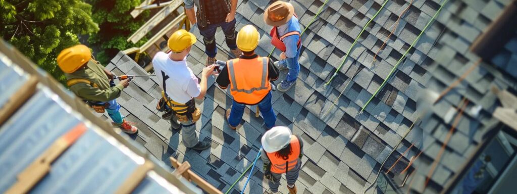 a group of roof contractors with various tools and equipment, discussing and inspecting a roof while providing written estimates to a homeowner.