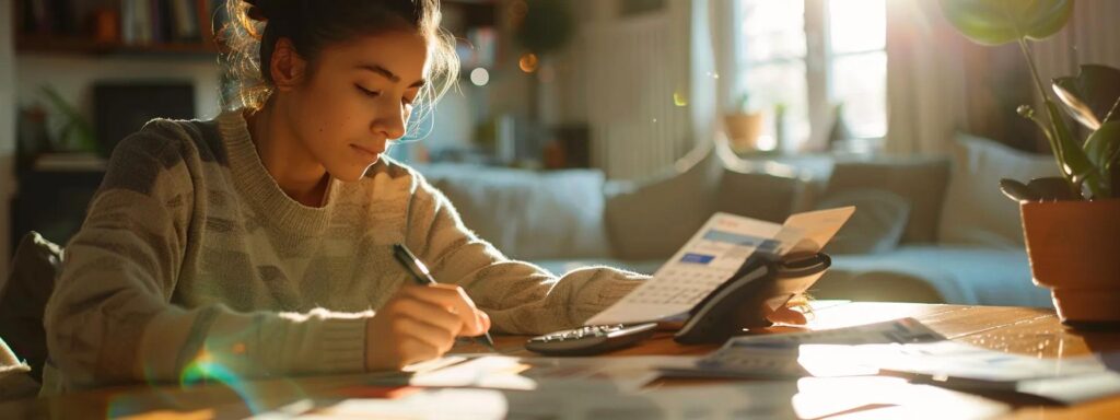 a homeowner carefully comparing different credit card options under a beam of sunlight, with a calculator and credit score chart laid out on the table.