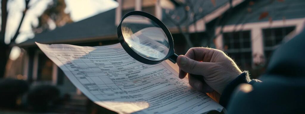 a homeowner closely examining a detailed invoice from a roofing contractor, with a magnifying glass, showcasing various labor rates and additional fees outlined.