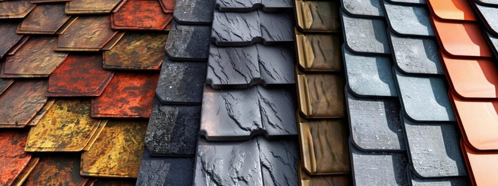 a homeowner comparing asphalt shingles, metal, and tile roofing options, showcasing the various textures, colors, and thickness of each material.