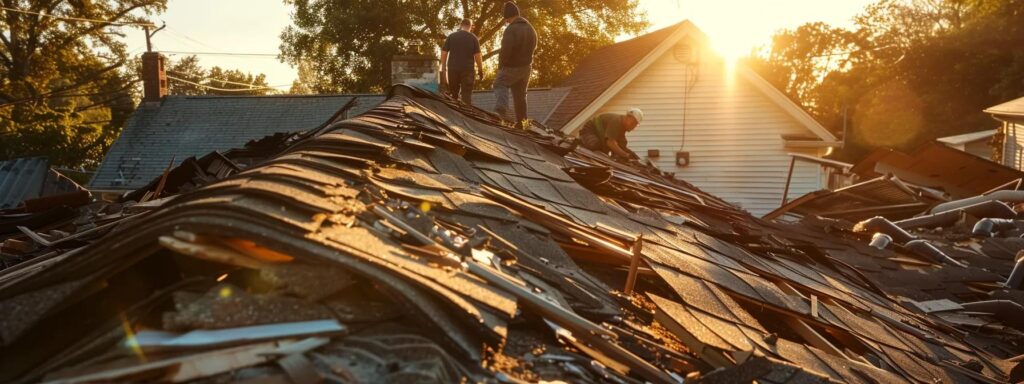 a homeowner happily surveys a newly renovated roof, surrounded by discarded shingles and a team of workers, showcasing the successful outcome of a roof removal project.