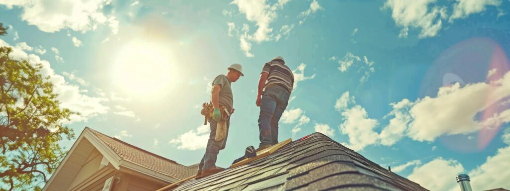 a homeowner negotiating labor costs with a contractor under a sunny sky next to a pile of roofing materials.