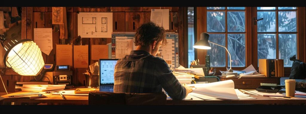 a homeowner researching building permits and regulations in a cozy home office surrounded by documents, blueprints, and a laptop.