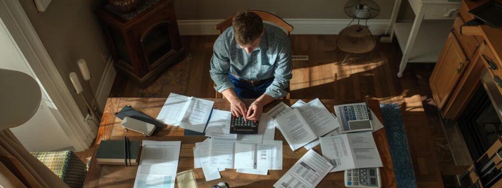 a homeowner reviewing multiple financing options for a roof replacement project, with papers and calculator spread out on a table.