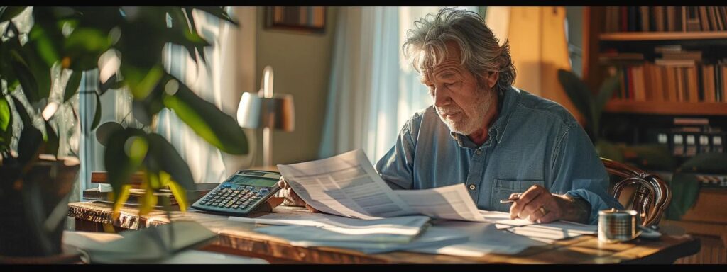 a homeowner sits at a desk comparing personal loan options for financing a roof replacement project, surrounded by papers and calculators.