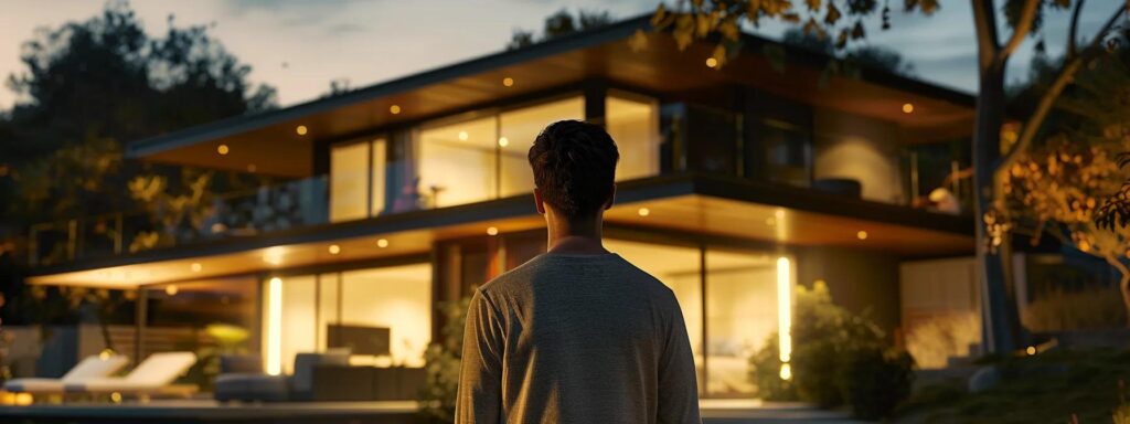 a homeowner stands in front of a modern roof displaying different financing options like a line of credit and a secured loan.