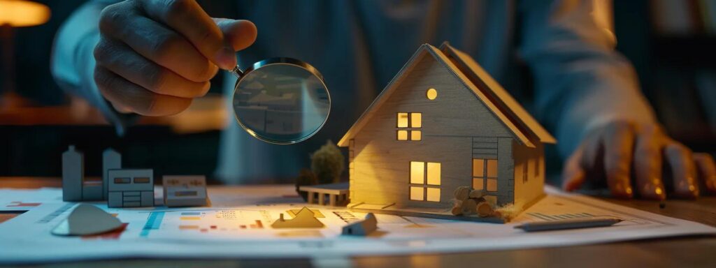 a person examining a scale model house with a magnifying glass, surrounded by charts and graphs illustrating different home equity solutions for roof replacement financing.