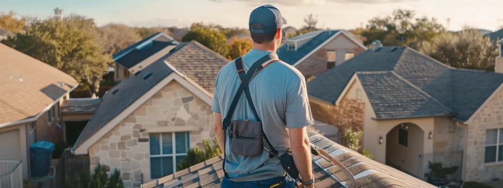 a professional roofer conducting a thorough inspection atop a well-maintained, sturdy roof, examining for potential leaks and damage.