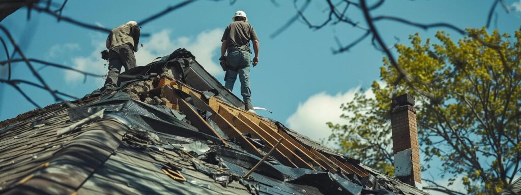 a roof removal crew working diligently on a weathered, old roof, highlighting the significant costs and importance of effective budgeting for homeowners.