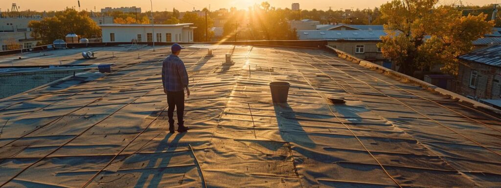 a roofing expert examining a large, asphalt-covered roof under the bright sun, with a dumpster in the background for disposal, capturing the cost factors involved in roof removal.