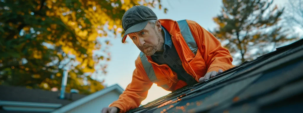 a skilled residential roof repair specialist inspecting a leaky roof with precision and expertise.