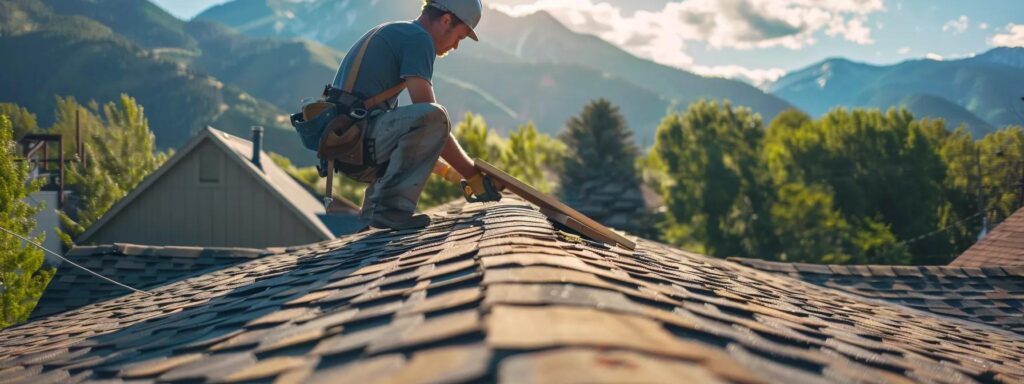 a skilled roofing professional carefully installing wood shingles on a roof, with a picturesque mountain backdrop in the background.