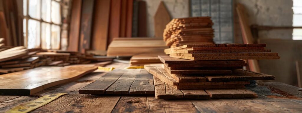 a stack of various wood shingles and shakes displayed on a rustic wooden table with a measuring tape and pricing chart in the background.