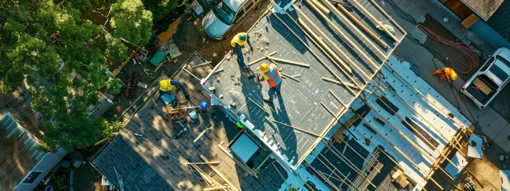 a team of experienced workers carefully installing a new roof on a home, with specialized tools and equipment scattered around the construction site.