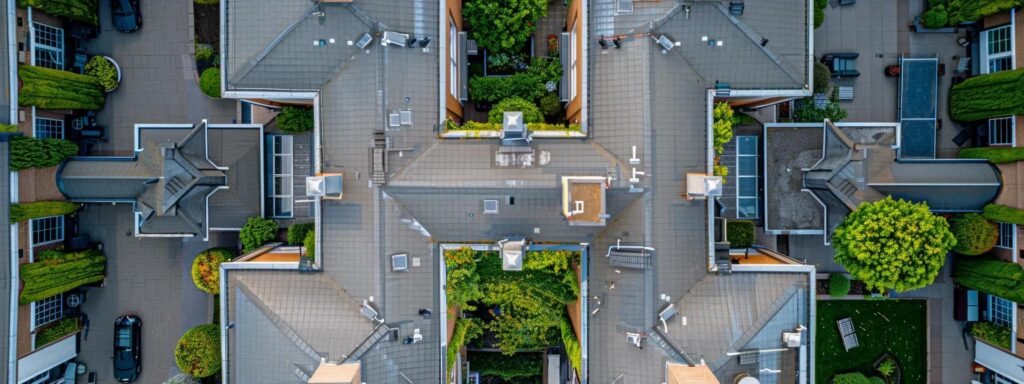 an aerial view of a complex, multi-story roof with varying slopes, chimneys, and skylights, showcasing its size and intricacy for cost assessment.