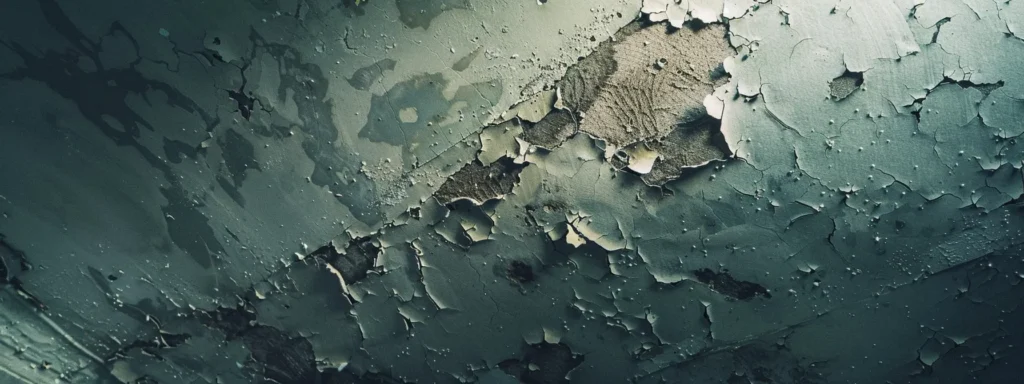 a ceiling with dark stains, peeling paint, and visible mold growth in a home in west windsor, indicating early signs of water damage from leaks caused by aging asphalt shingle roofs and poor drainage systems.