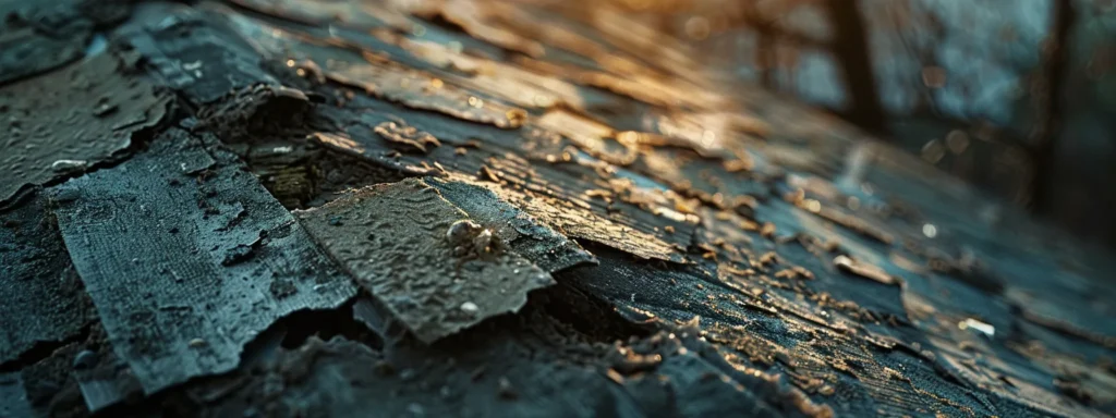 a close-up shot of a roof with missing shingles, visible sagging areas, and a small leak, showcasing signs of roof damage.