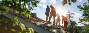 a group of skilled roofers diligently repairing a worn-out roof on a sunny day.