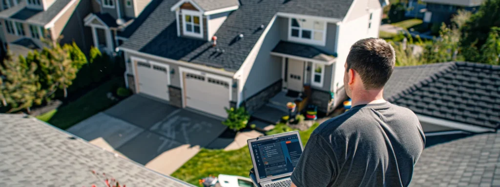 a homeowner browsing through online reviews and testimonials on a laptop, surrounded by photos of past roofing projects and recommendations from friends.