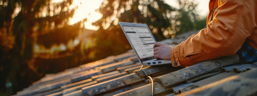 a homeowner carefully reviewing various roof repair specialist websites on a laptop, surrounded by notes and a checklist, highlighting the importance of making an informed decision.