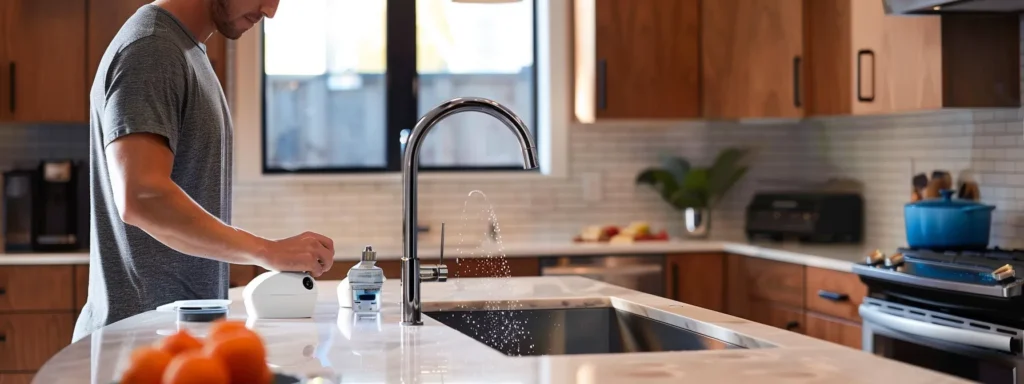 a homeowner checking a digital leak detection device installed near a modern sink in a well-maintained kitchen.