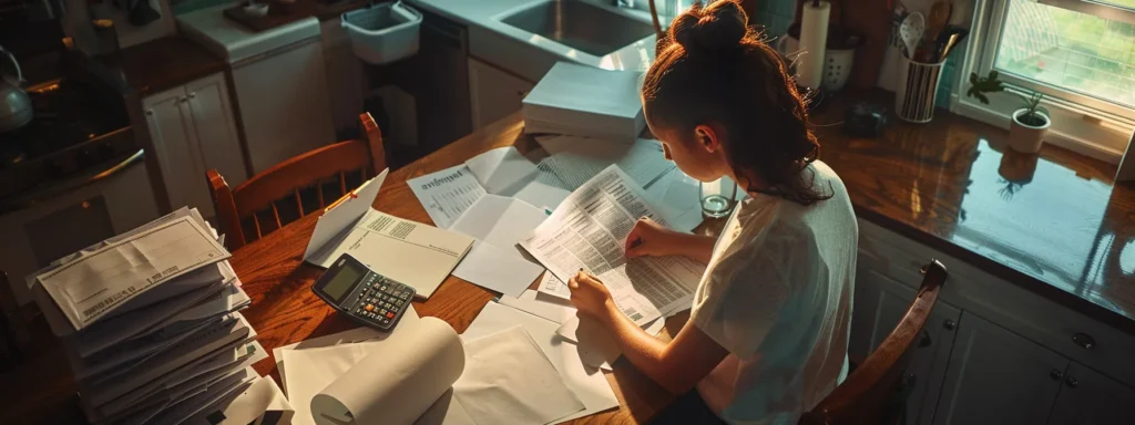 a homeowner comparing quotes from different roofing contractors, surrounded by paperwork and a calculator on a kitchen table.