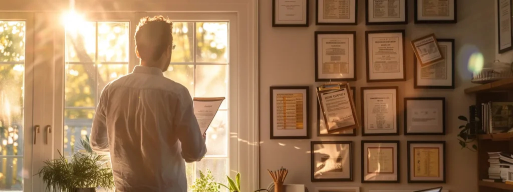 a homeowner examining a contractor's framed licenses and certifications displayed on a wall in a sunlit room.