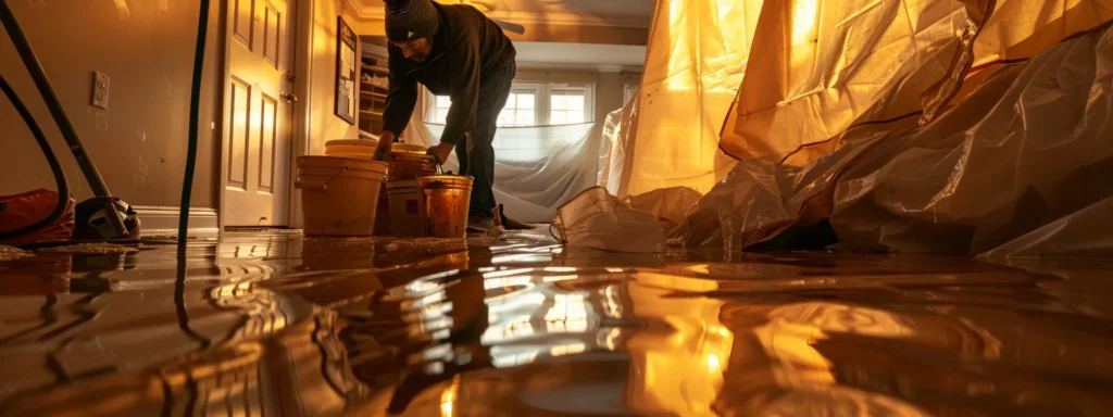 a homeowner in west windsor, nj, hastily placing buckets and tarps to minimize interior water damage after discovering a leaky roof.