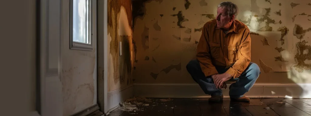 a homeowner in west windsor, nj, kneeling beside a damp spot with mold growth, listening intently for any unusual sounds of running water.