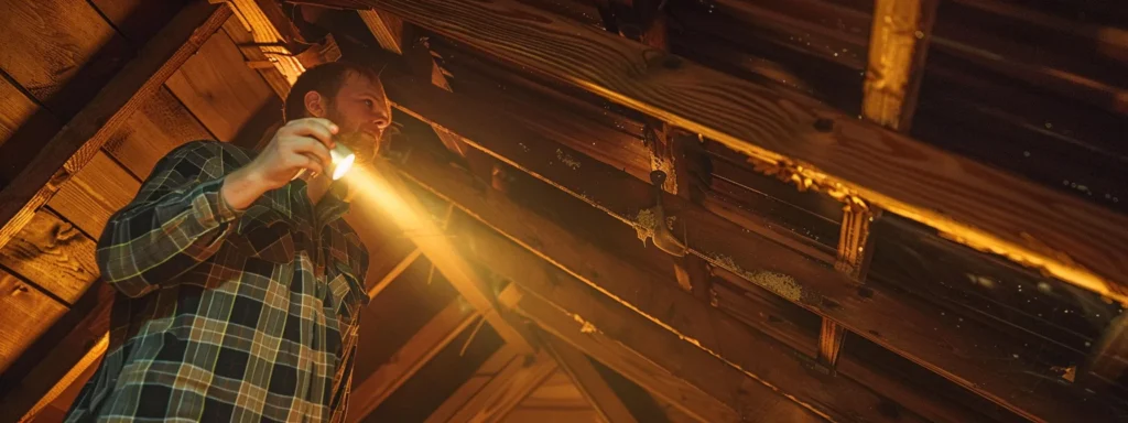 a homeowner inspecting the attic with a flashlight, searching for signs of water damage to identify the source of a roof leak in west windsor, nj.