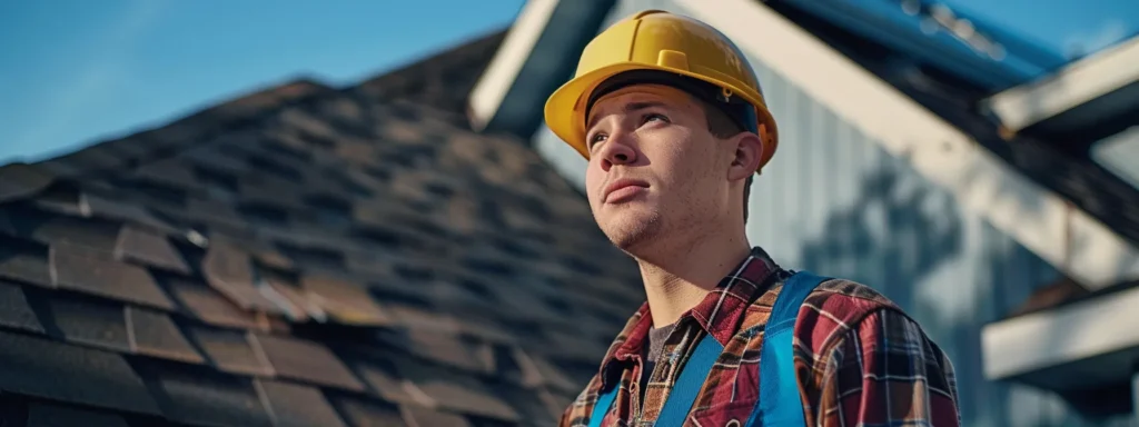 a homeowner looking confidently at a roofing contractor, surrounded by different roofing materials, while discussing repair methods and warranties.