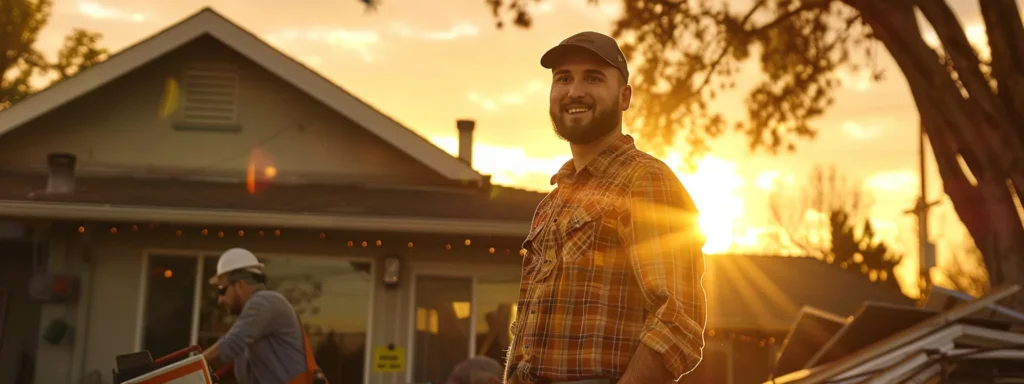 a homeowner standing outside his house, smiling as a team of contractors work on repairing the roof, surrounded by discount signs and coupons.