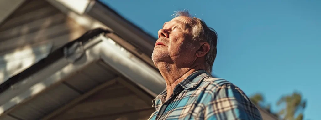 a homeowner staring up at their roof, noticing missing shingles, discolored patches, and water leaking through, emphasizing the need for immediate roof repairs.