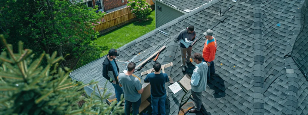 a homeowner surrounded by several roof repair specialists, comparing detailed quotes and examining material samples.