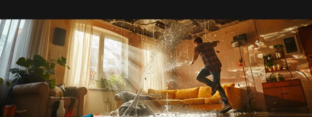 a homeowner swiftly moves furniture away from a leaking ceiling, with water droplets falling overhead, in a race against time to prevent further damage.