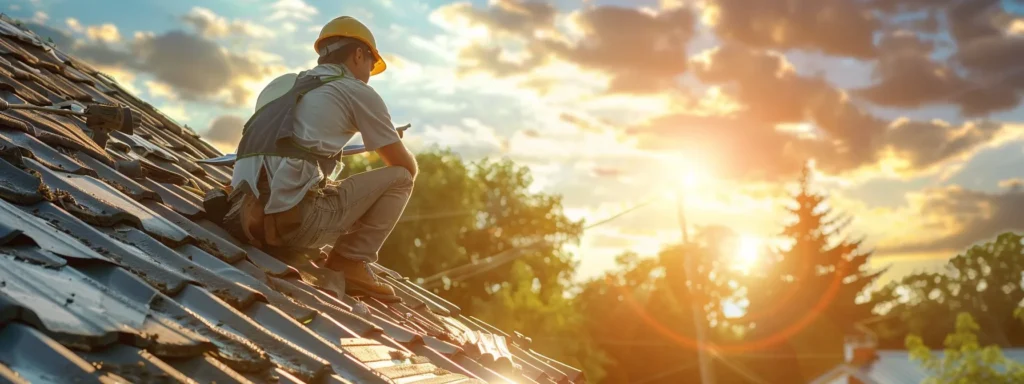 a professional roofer, surrounded by tools and equipment, examining a damaged roof under the sunlight.