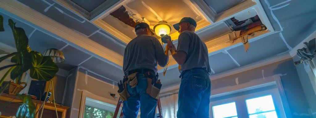 a professional team inspecting a leaky ceiling in a west windsor home, assessing the damage and making repairs to prevent future incidents.