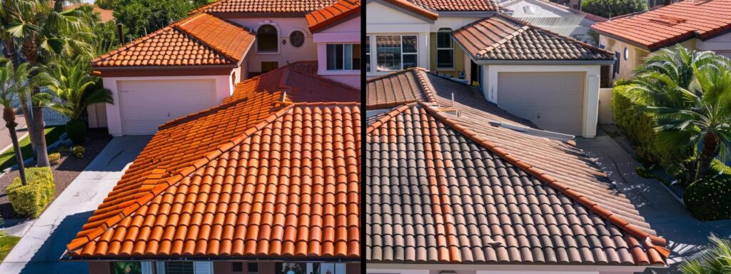 a red clay tile roof glowing in the sun, contrasting with a gray concrete tile roof nearby, showcasing the price differences between the two roofing materials.