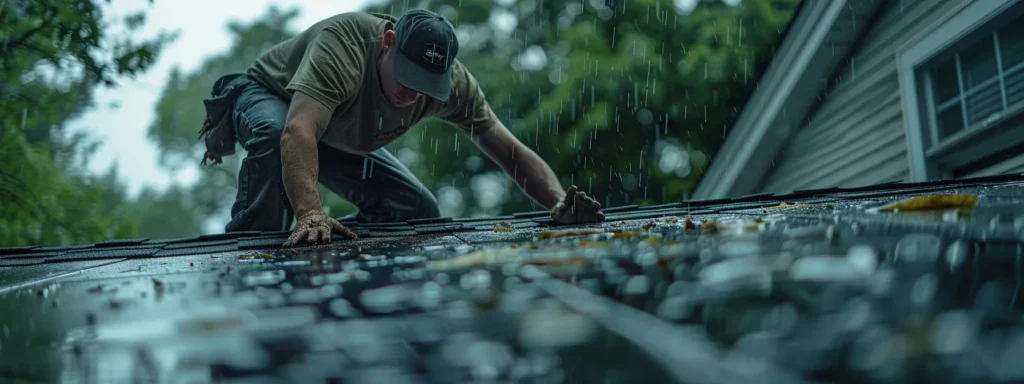 a roof repair specialist expertly sealing off a leaky area on a west windsor home amidst a rainy day, showcasing the importance of prompt roof water damage repair.