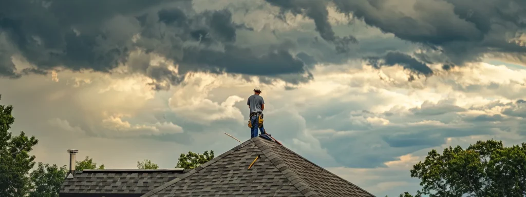 a roofer assessing roof damage under stormy skies in west windsor, nj, with tools and materials ready for emergency repair.