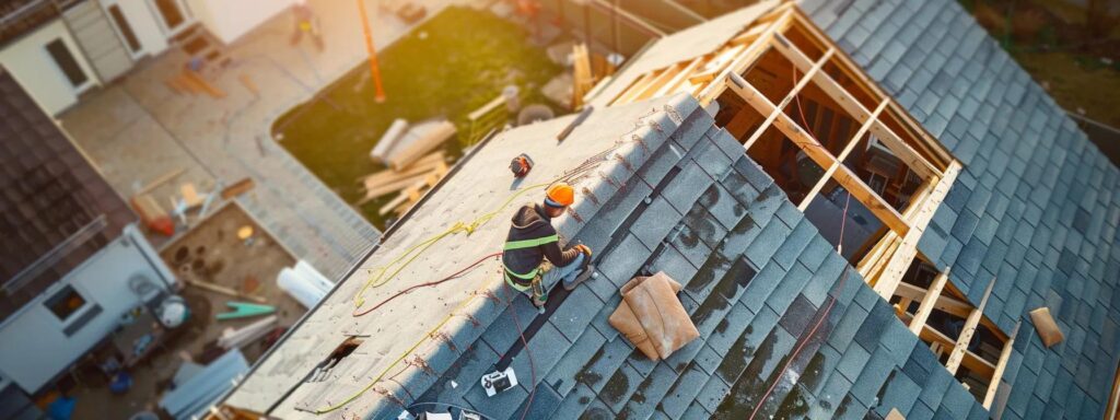 a skilled roofer carefully installing shingles on a roof, with a variety of roofing materials and tools scattered around the work area.