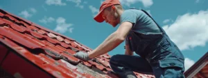 a skilled roofer in overalls carefully sealing a leaking spot on a rustic red residential roof.