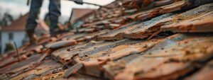 a team of workers carefully peeling off layers of cracked and weathered roofing tiles on a house, exposing the wooden structure underneath.