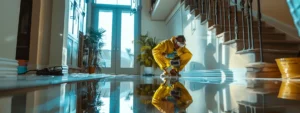 a technician in a bright yellow uniform using high-tech equipment to locate a hidden water leak in a modern home's basement.