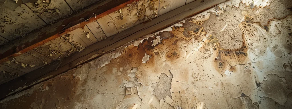 a water-stained ceiling with sagging roof areas and mold growth, highlighting signs of roof water damage in west windsor, nj.